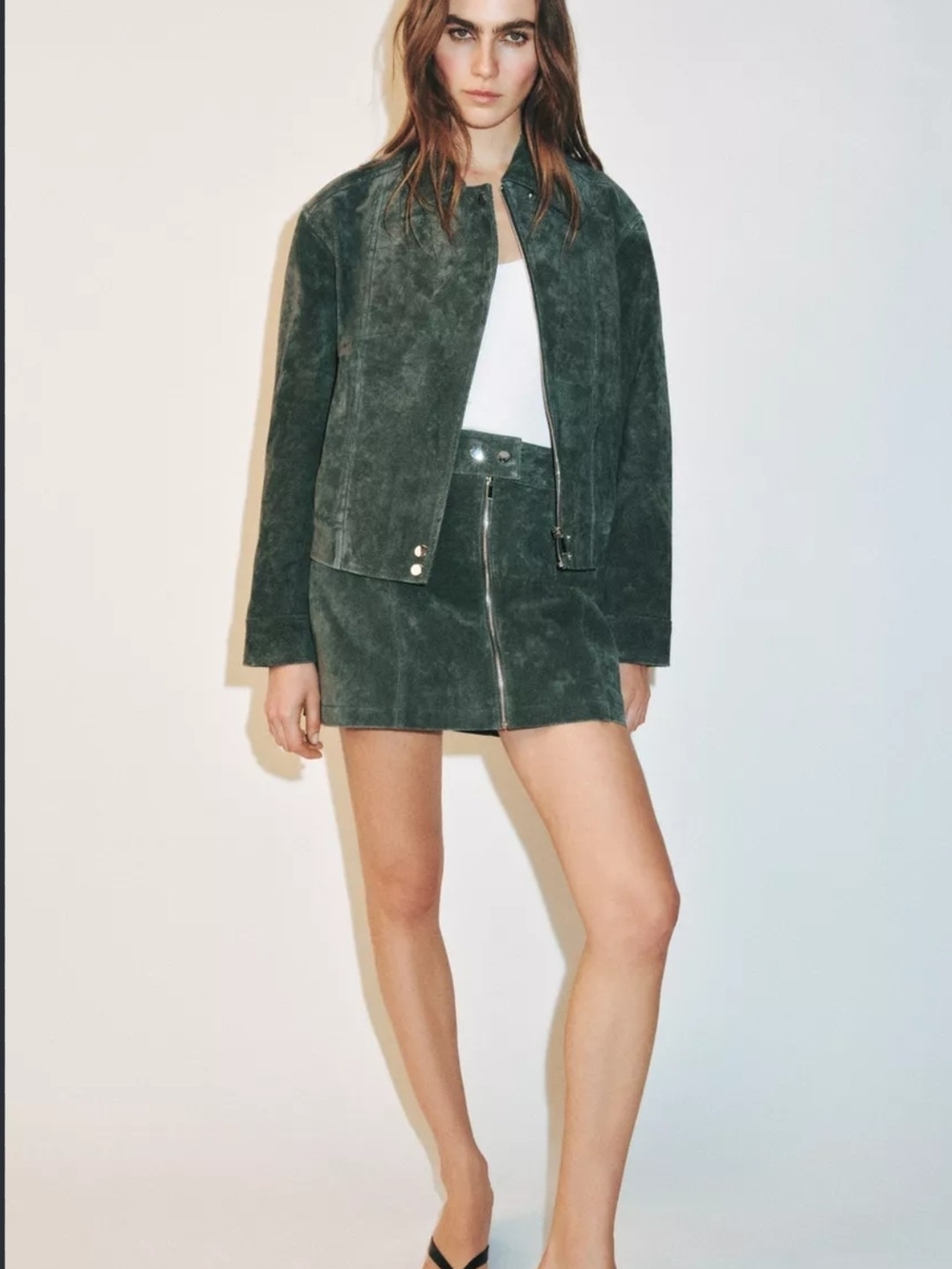100% Leather Suede Zip-Front Skirt